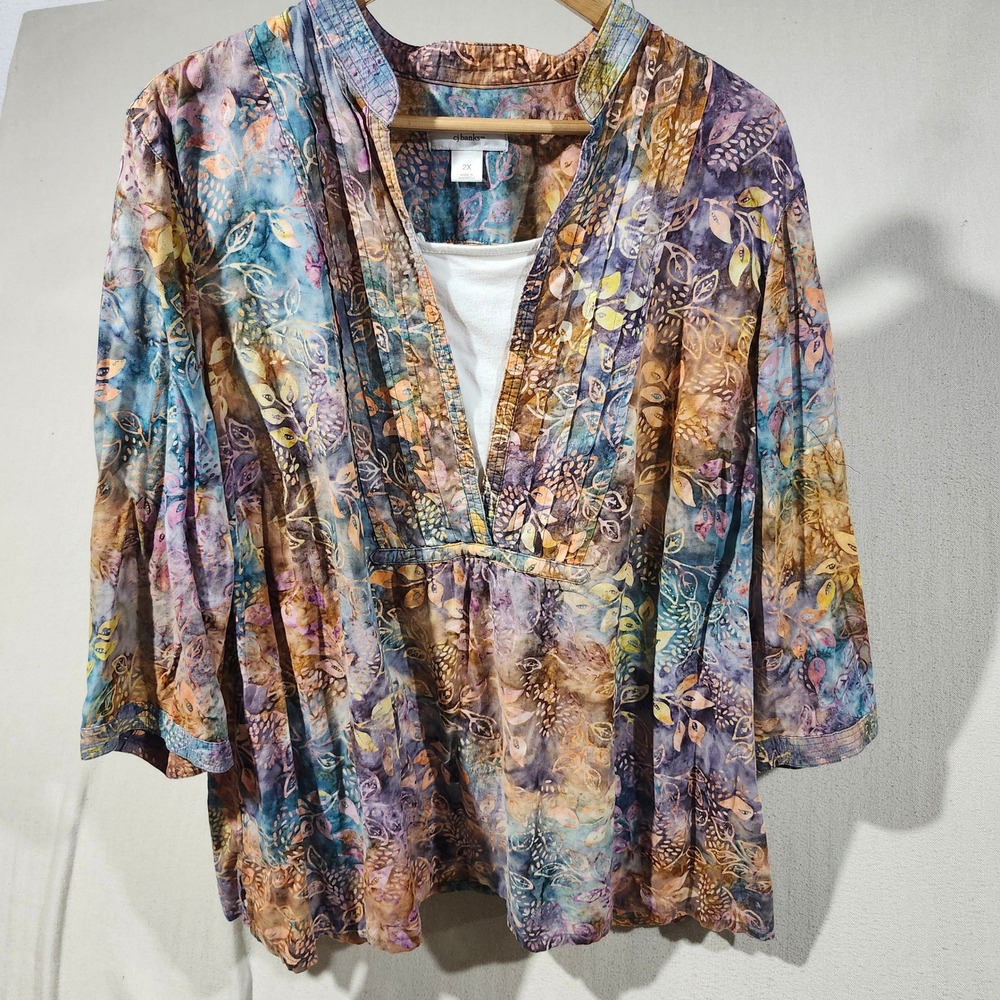 CJ Banks Womens 2X Batik Tunic Top Multicolor Leaf Print 3/4 Sleeve Pleated Boho
